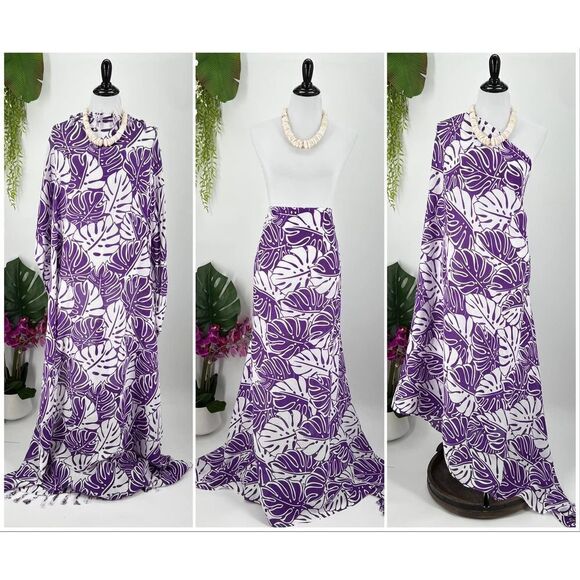 Purple White Monstera Tropical Hawaiian MAXI SARONG Kīkepa Pareo Beach WrapSkirt - Picture 4 of 5